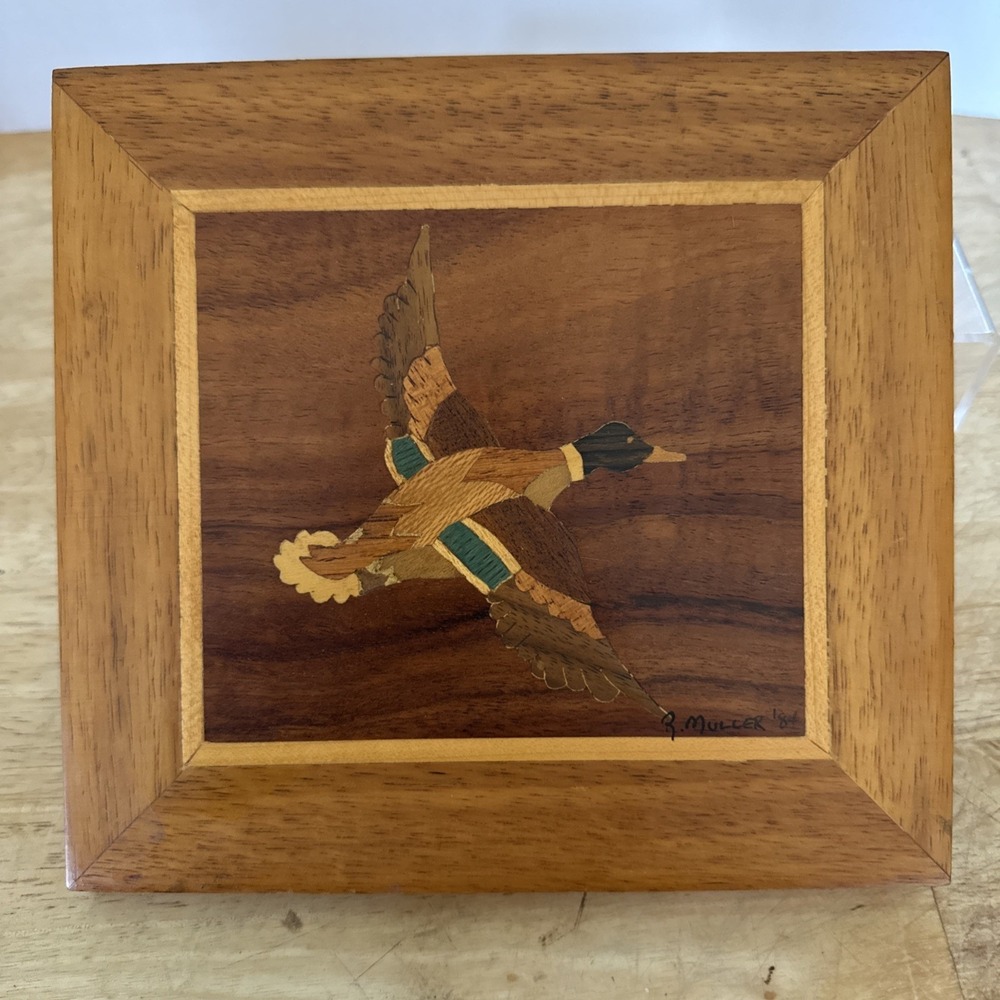 ROBERT MULLER Wood Marquetry Inlay Hanging Framed Wall Art Duck  7.25" SIGNED